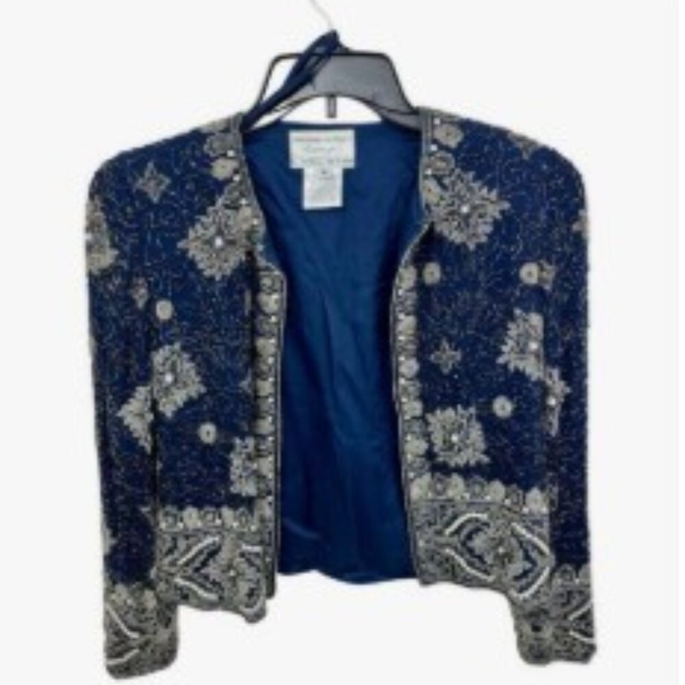 Vintage Adrianna Papell Cropped Sequin Beaded Silk Jacket Small 90’s